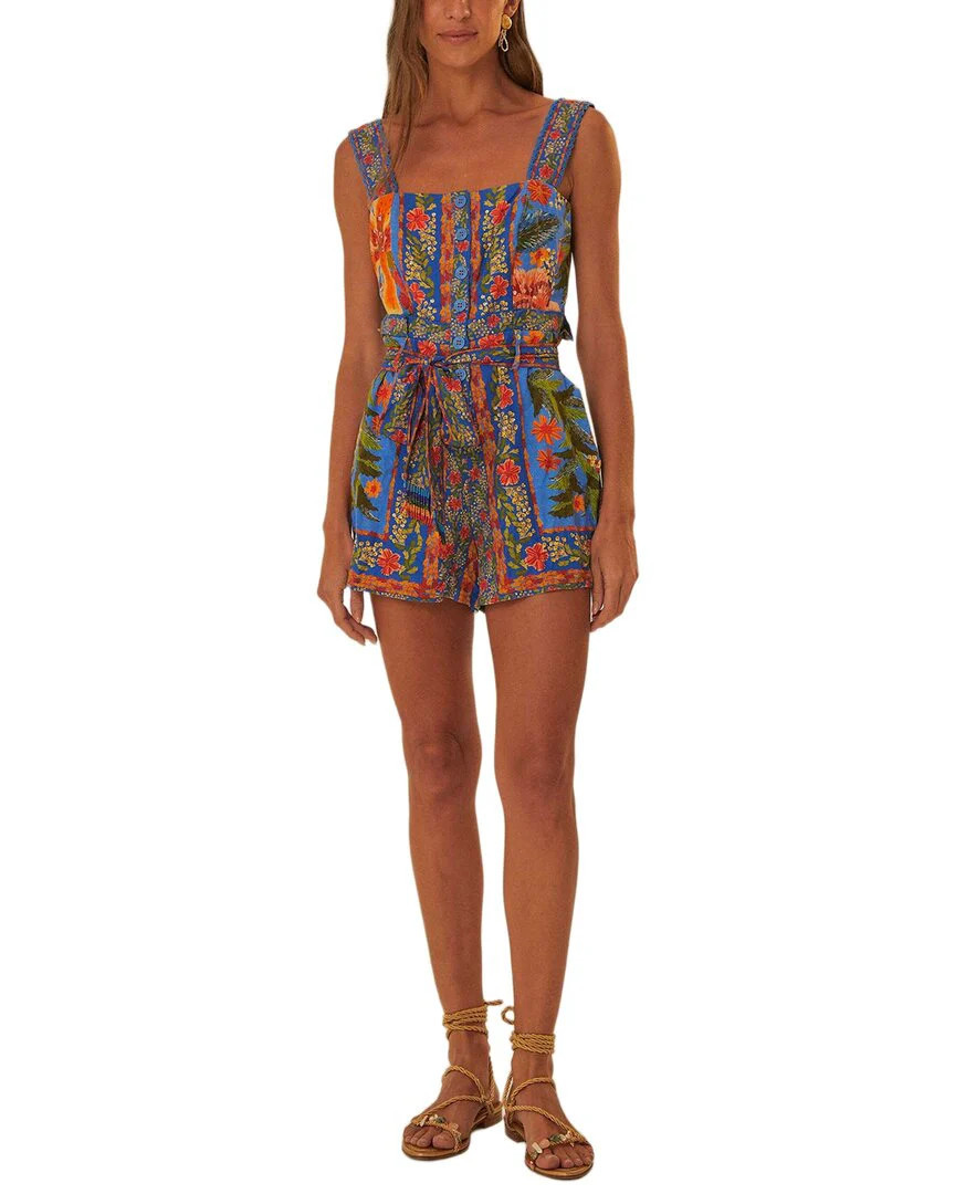 FARM Rio Stitched Garden Blue Linen-Blend Romper | Shop Simon
