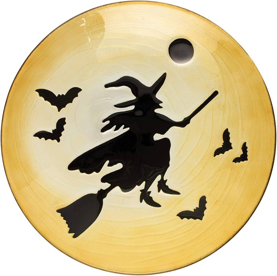 Gallerie II Witch on Broom with Bats Glass Halloween Plate Decor Decoration Yellow | Amazon (US)