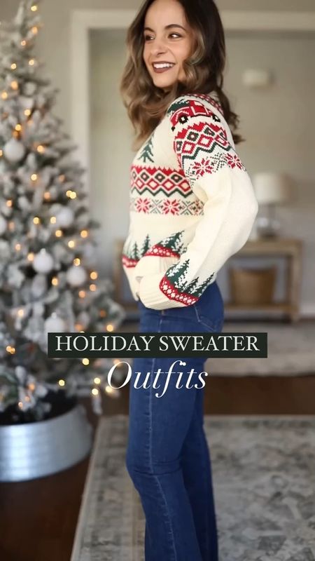 Holiday sweater outfits 

Outfit 1: 
Sweater xs 
Jeans petite 24 
Boots tts 
Coat petite 00

Outfit 2
Sweater xxs 
Jeans petite 24 
Boots tts 

Outfit 3: 
Sweater xs 
Coat petite xxs (black no longer available) 
Jeans petite 24 
Boots run narrow may want to size up 1/2 size 

#LTKHoliday #LTKSeasonal
