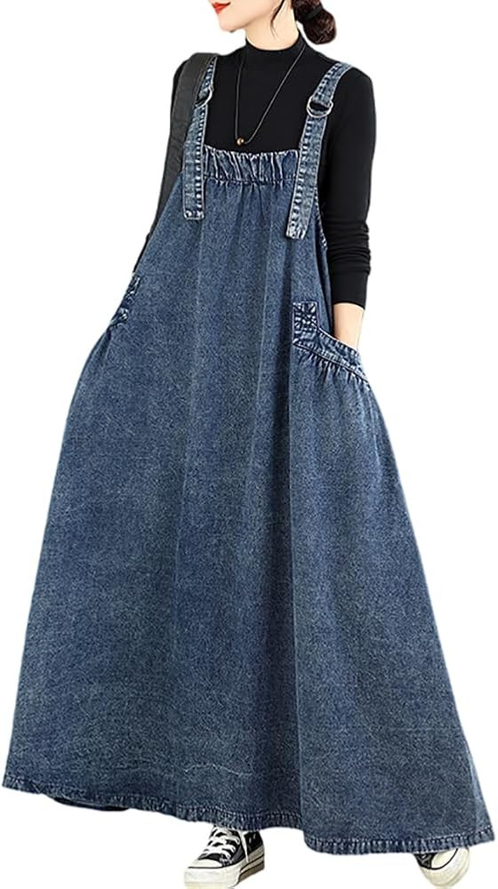 Denim Jumper Dress for Women Loose Version Baggy Style Maxi Length Adjustable Straps Wide Hemline | Amazon (US)