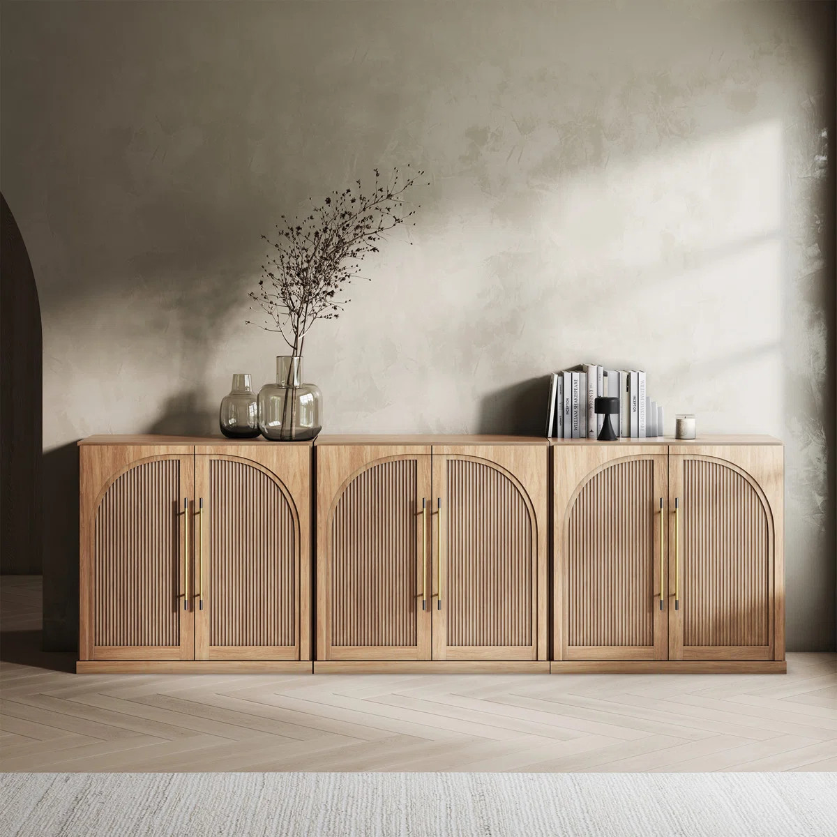 Set of 3 Modular Sideboard with Double-Arc Wood Doors, Camel (Set of 3) | Wayfair North America