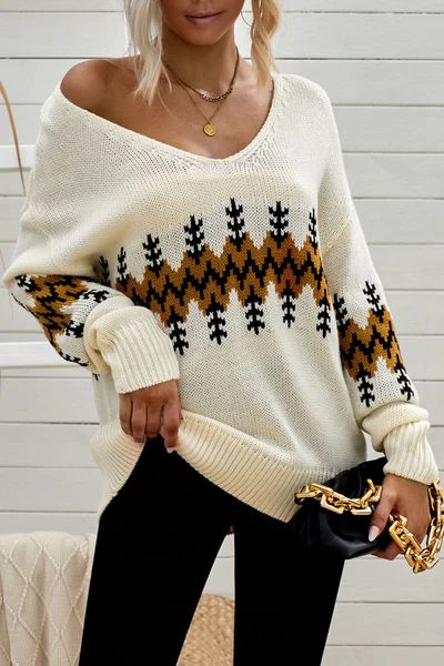 Slouchy Fit Christmas Tree Print V Neck Knit Sweater | Evaless