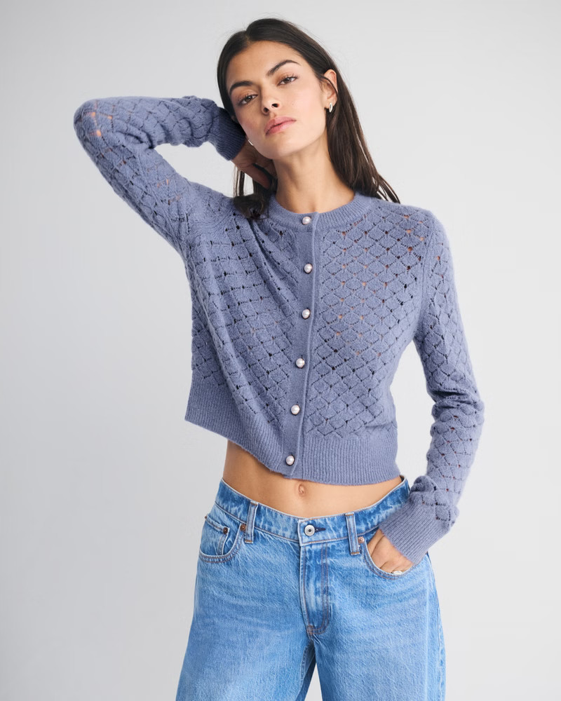 Shrunken Pointelle Crew Cardigan | Abercrombie & Fitch (US)