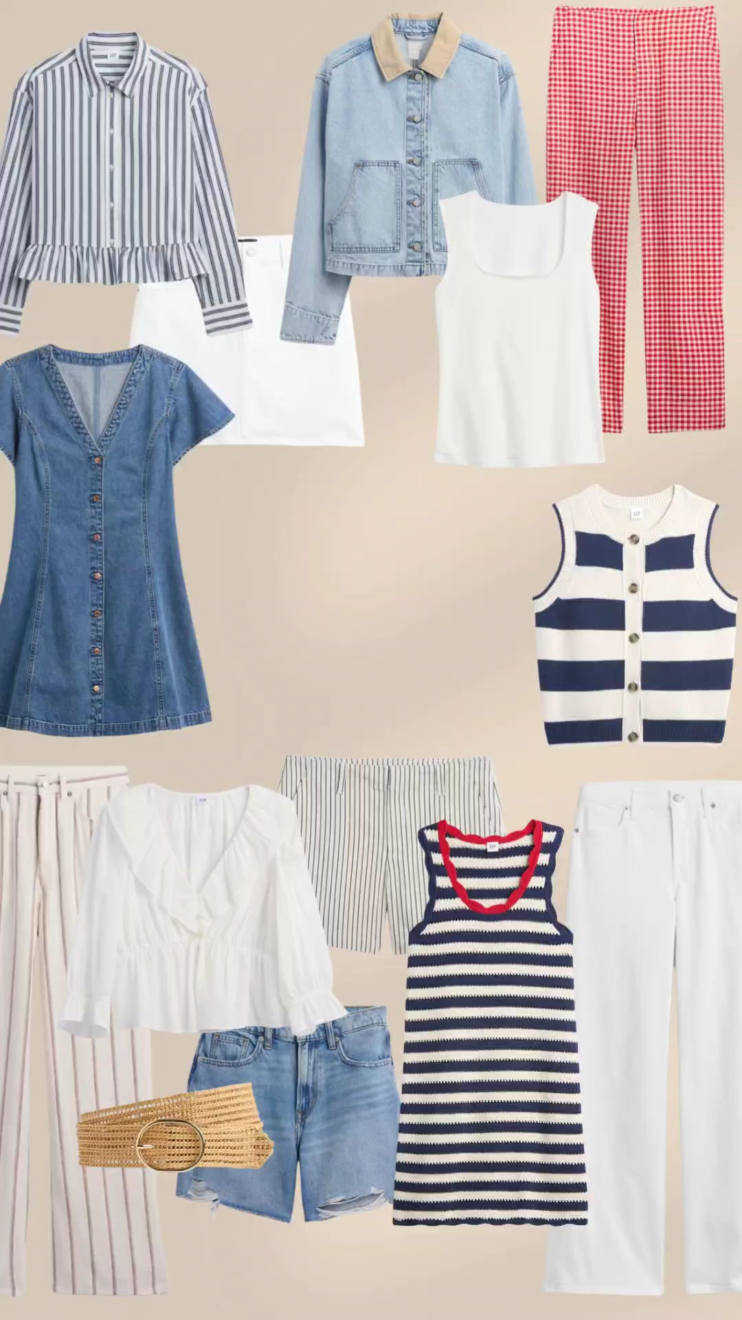 Gap Factory 4th of July outfit inspo. Summer style. Red white blue. Short sleeve sweater. Bandana. Red flip flops. Shorts. Denim vest. White midi skirt. Linen. Denim shorts. Casual 4th of July. Strapless top. Red pants. Button down. Midi striped dress. Polo. Patchwork dress. Cardigan. Red crochet eyelet top. White heels. Denim dress. Chore jacket. Red gingham pants

#LTKSeasonal #LTKSaleAlert