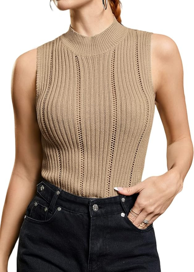 LAICIGO Women’s Knit Sleeveless Tank Tops Mock Neck Crochet Stretched Slim Fitted Solid Summer ... | Amazon (US)