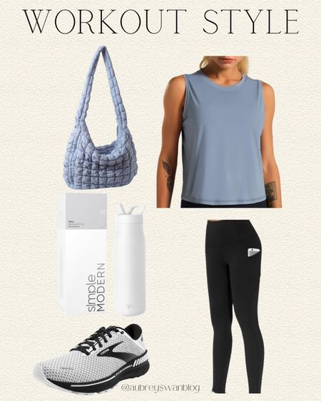 Workout Style 💪🏼 

Workout outfit, puffer gym bag, simple modern cup, blue tank workout shirt, black leggings, brooks running shoe, Amazon finds