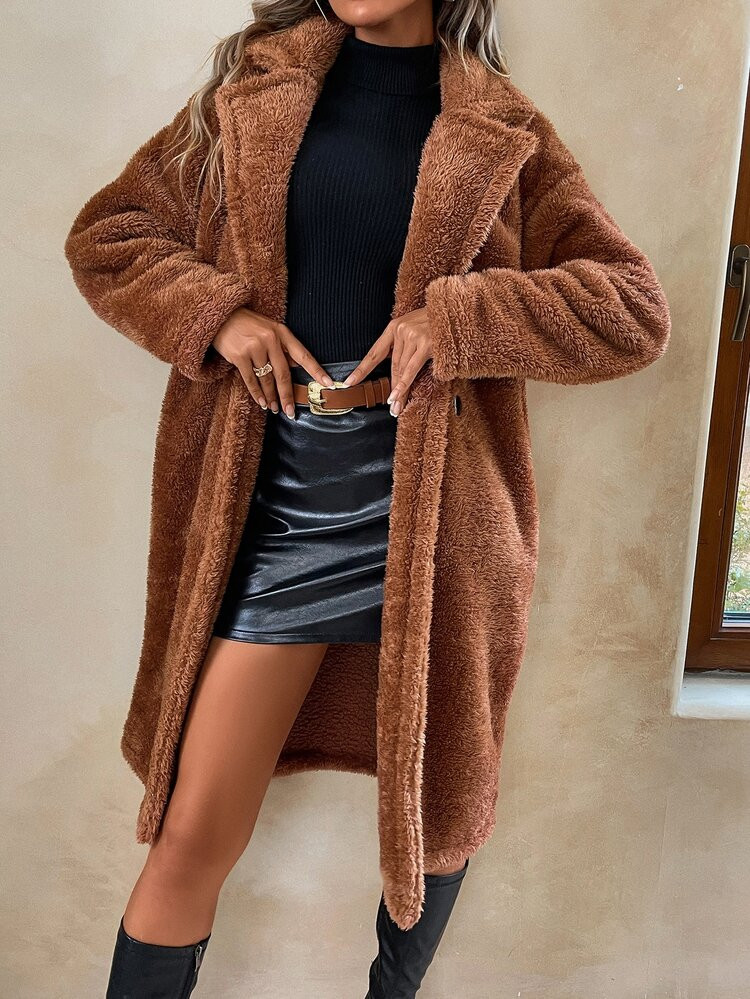 Lapel Neck Open Front Longline Teddy Coat | SHEIN