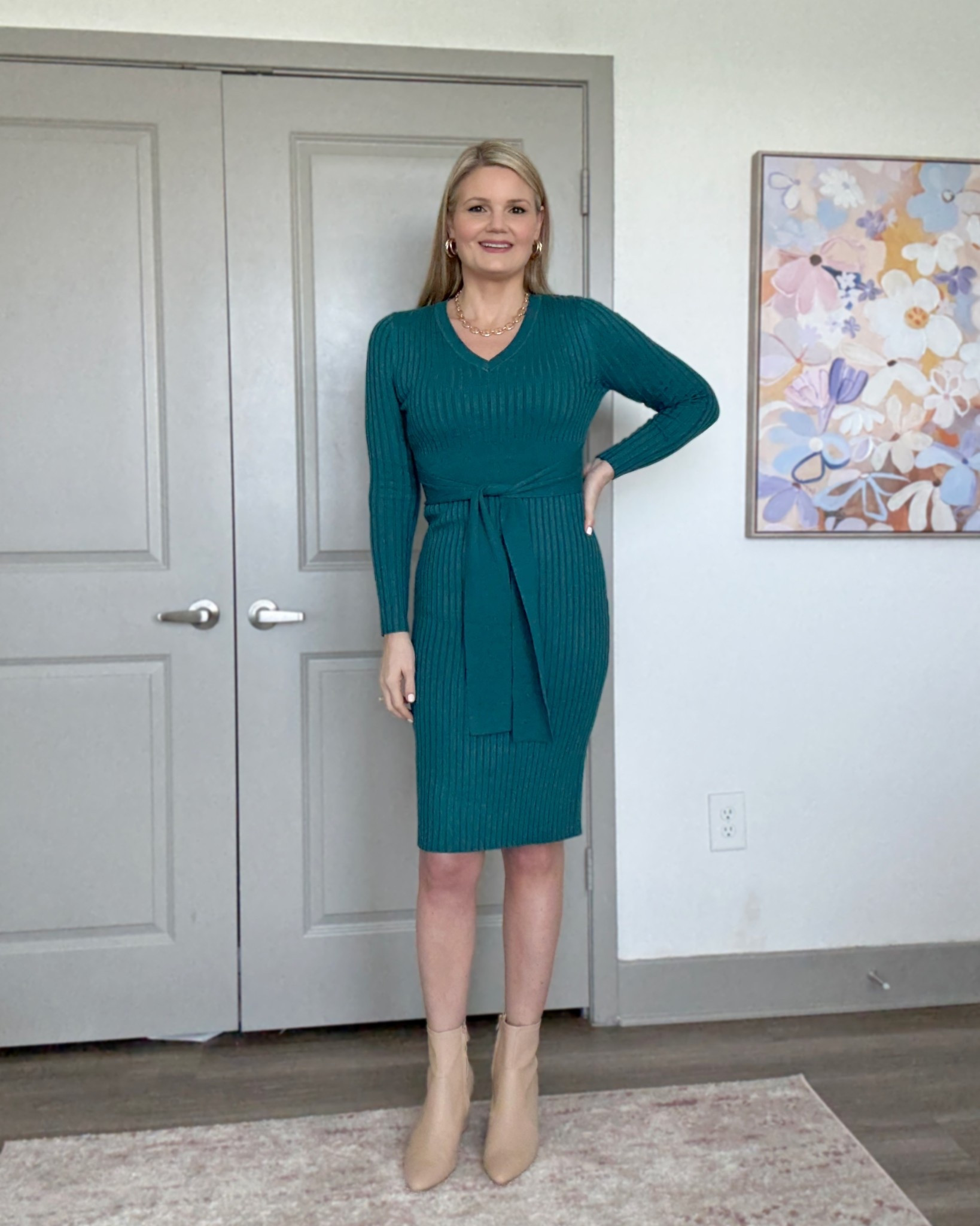 Ribbed knee length sweater dress with attached tie at waist. Wearing the size small  

#LTKOver40 #LTKSeasonal #LTKTall