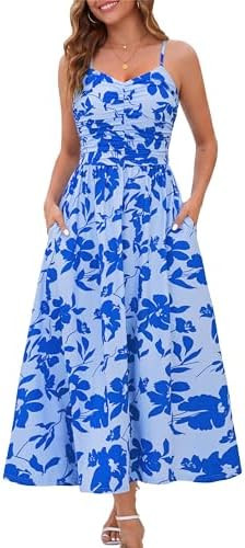 Annebouti Women 2026 Summer Spring Ruched Maxi Dress Adjustable Spaghetti Strap Floral Beach Long... | Amazon (US)