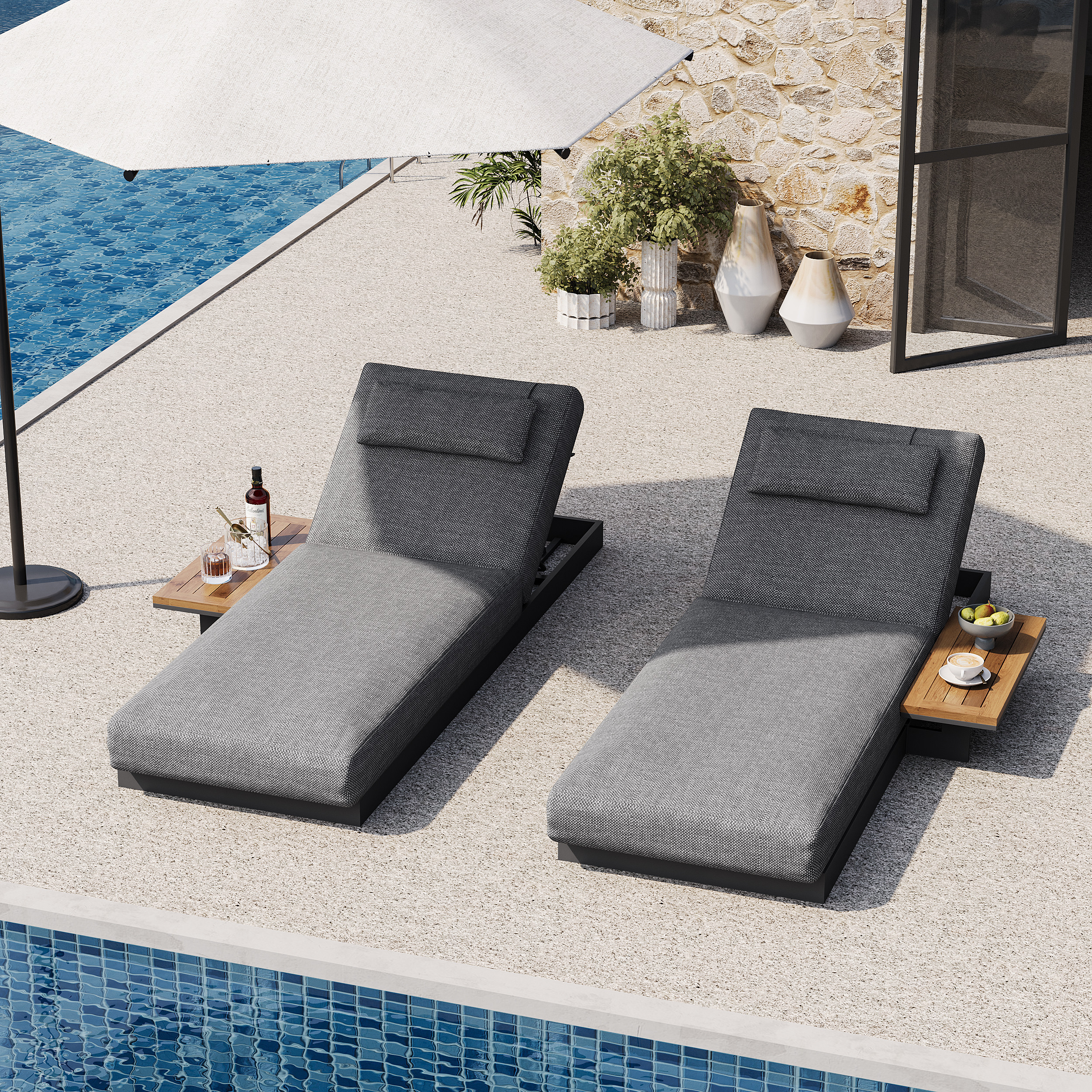 Wood & Aluminum Outdoor Lounger Daybed Modern Yard & Patio Furniture in Gray Cushion & Pillow Included (78.7"") Set of 2 | Homary
