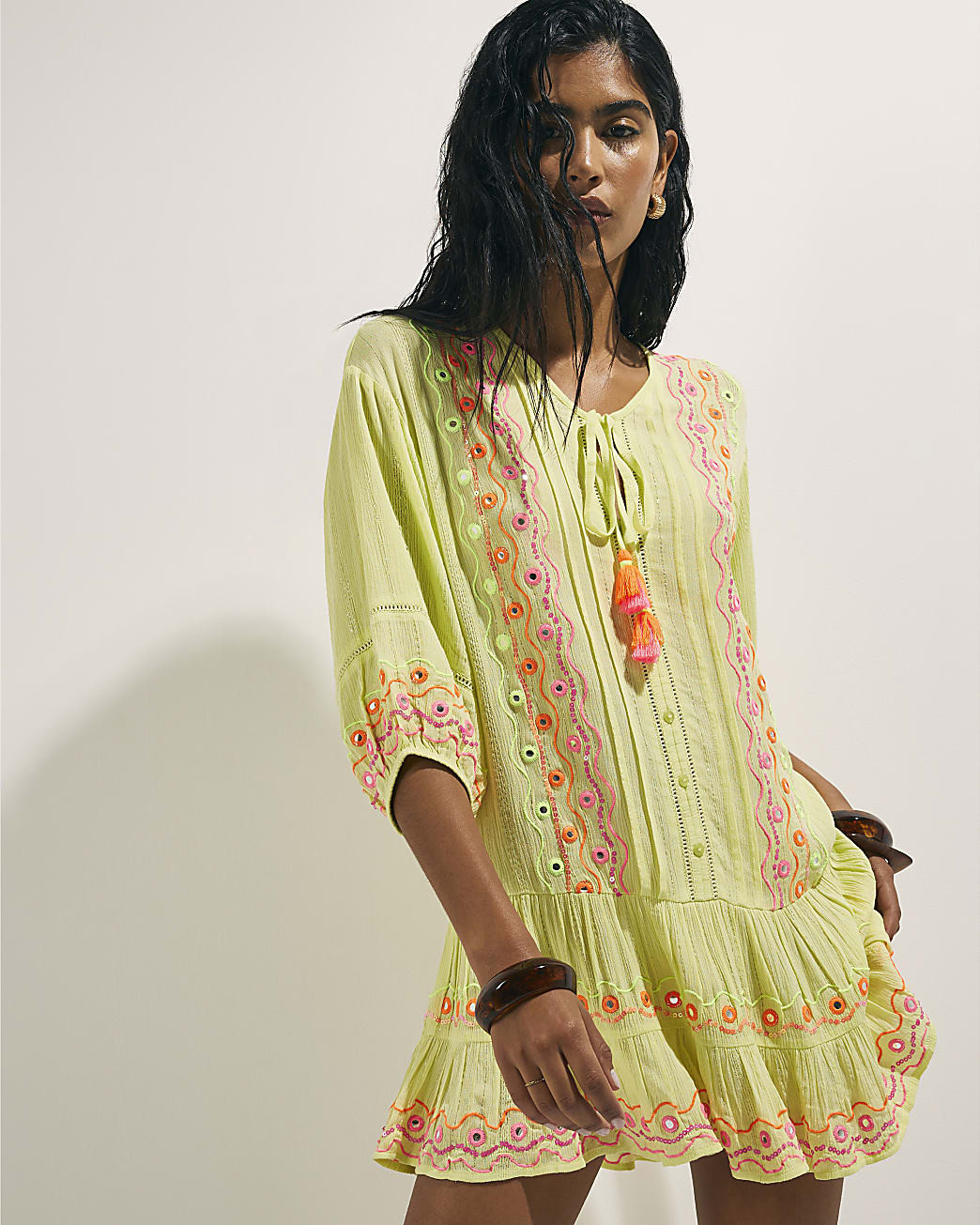 Green Mirror Embellished Mini Beach Dress | River Island UK & IE