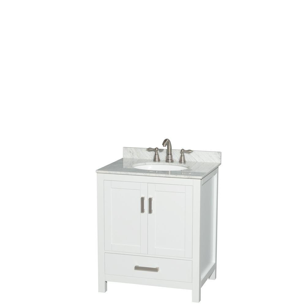 Sheffield 30 in. W x 22 in. D Vanity in White with Marble Vanity Top in Carrara White with White ... | The Home Depot