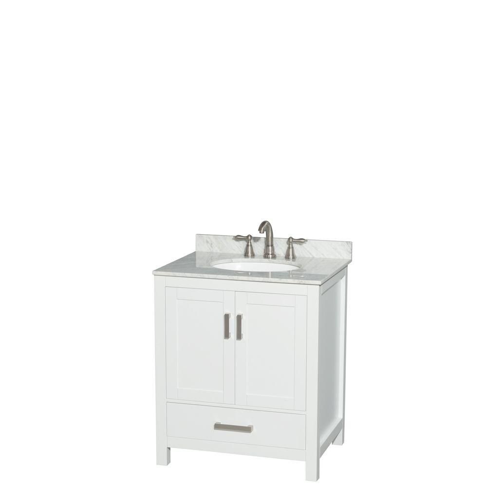 Sheffield 30 in. W x 22 in. D Vanity in White with Marble Vanity Top in Carrara White with White ... | The Home Depot