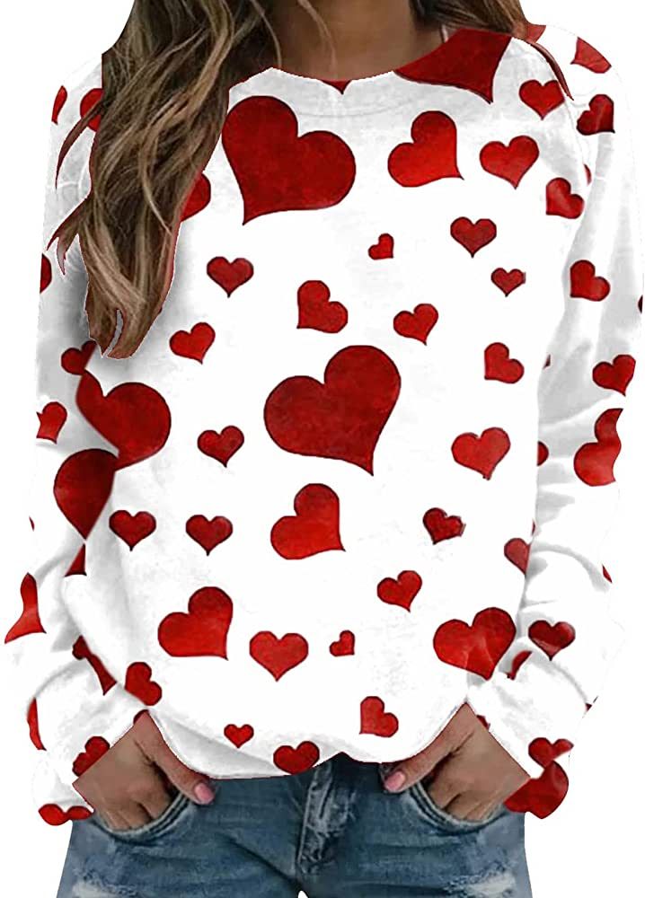 Valentines Day Shirts for Women Trendy Love Heart Print T-Shirt Long Sleeve Crewneck Dressy Casua... | Amazon (US)
