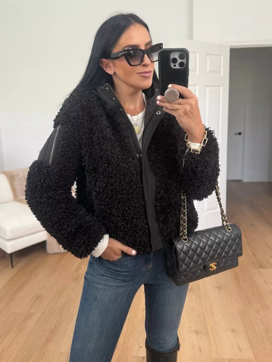 Scoop Women's Mixed Media Teddy Jacket with Hood wearing size small now $29 originally $42 . Scoop Women’s Ribbed V Neck Henley Top with Long Sleeves wearing size medium now $14


