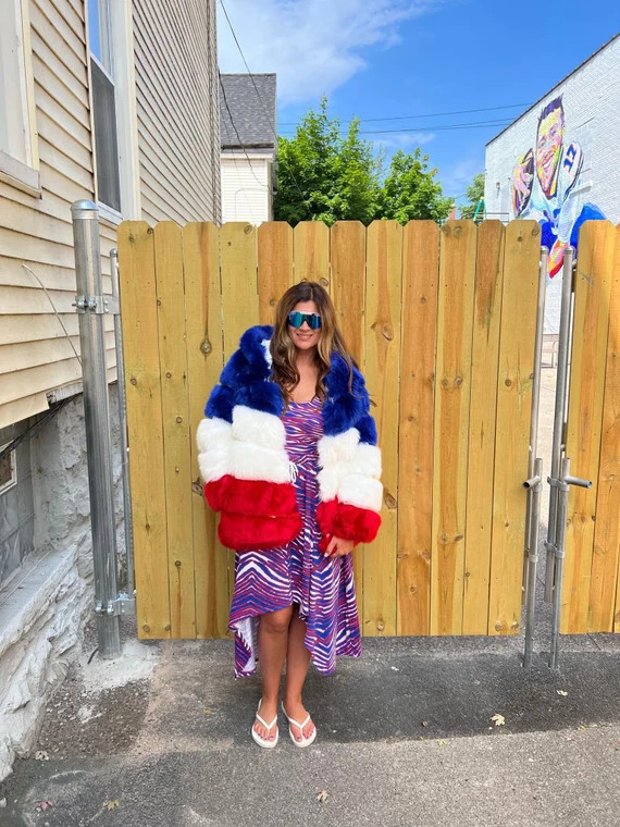 Cruella De Bills Buffalo Faux Fur Coat Red White and Blue - Etsy | Etsy (US)