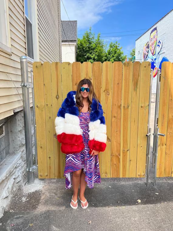 Cruella De Bills Buffalo Faux Fur Coat Red White and Blue - Etsy | Etsy (US)