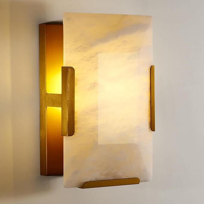 Natural Alabaster Wall Sconces, Indoor Marble Wall Sconce Gold Border, Bathroom Sconces Wall Ligh... | Amazon (US)