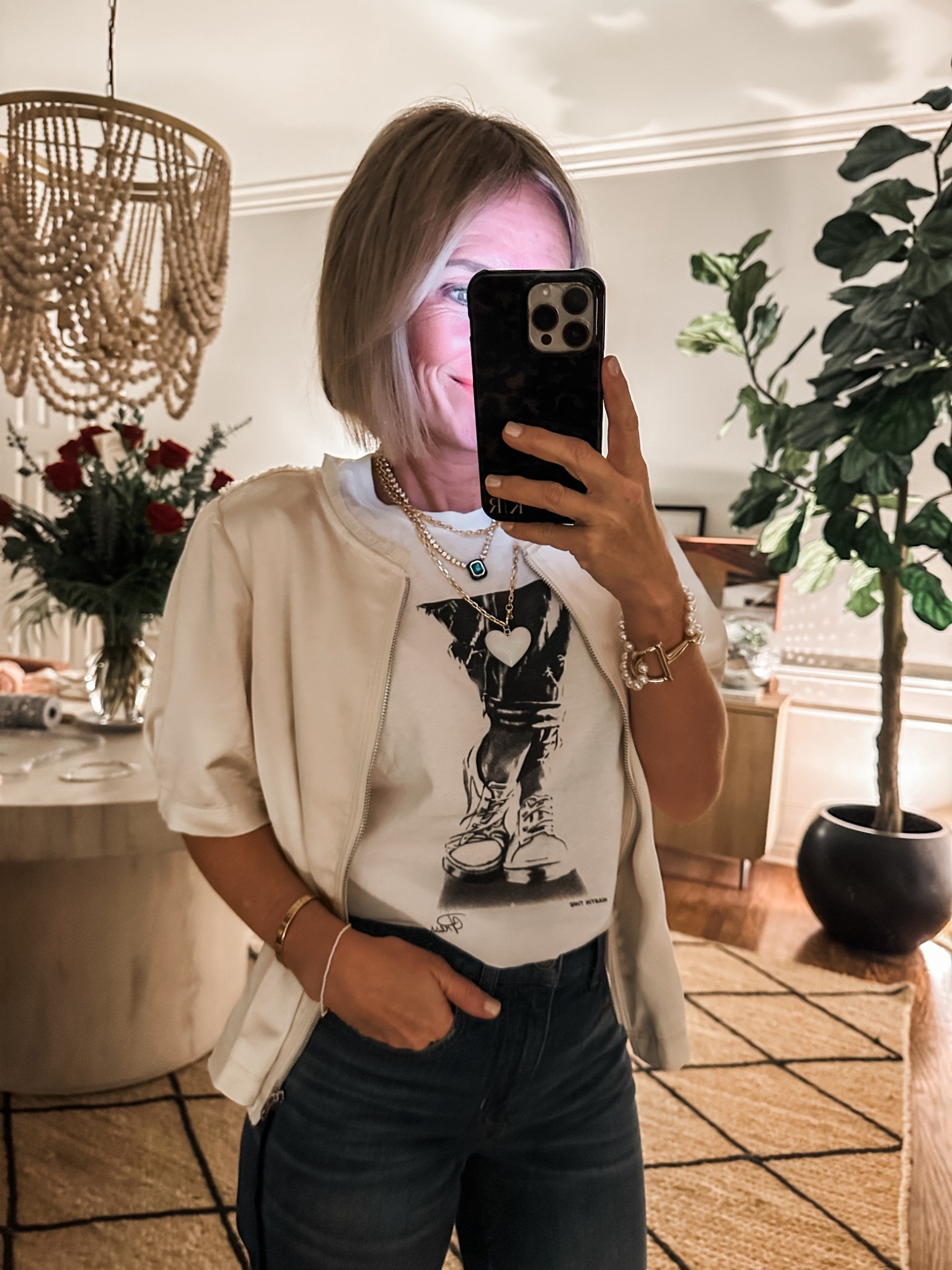 date night
new year’s eve style
graphic tee
champagne colored silk zip up jacket/ top
trouser jeans

#LTKHoliday #LTKOver40