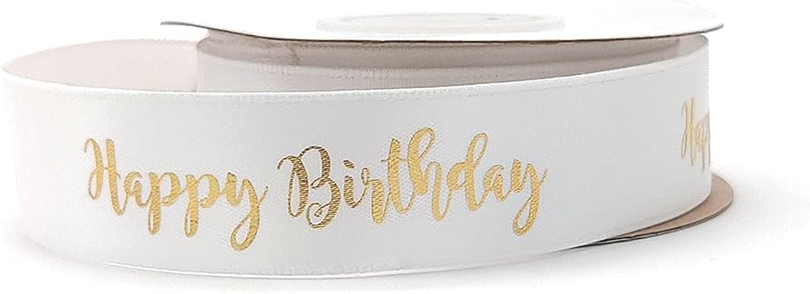 3/4" White Ribbon with Gold Writing - Happy Birthday - Birthday Decoration (White) | Amazon (US)