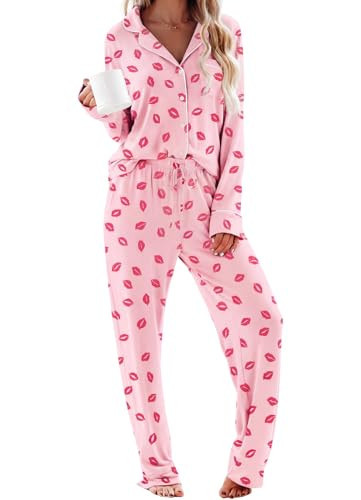 MANBEIYA Women's Pajama Sets Long Sleeve Button Down Soft Knit Sleepwear 2 Piece Valentine's Pajamas (Small,Lip Print) | Amazon (US)