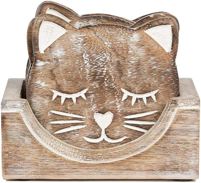 NIRMAN Wooden Crafted Unique Adorable Cat Shaped Coasters Set of 6 with Holder, Bar Dining Table ... | Amazon (US)