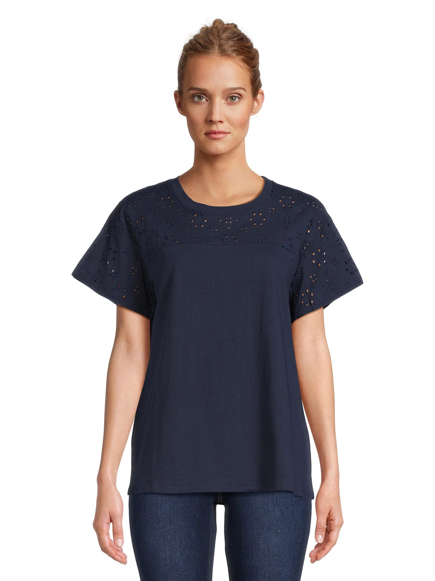 Time and Tru Women's Mixed Media Eyelet Combo Crew Neck Top, XS-XXXL - Walmart.com | Walmart (US)
