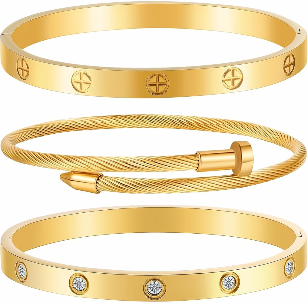 Gold Bracelets for Women - Stackable Bangles with Love & Friendship Theme - Stainless Steel Jewel... | Amazon (US)