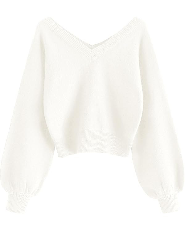 ZAFUL Women's Cropped Sweater V-Neck Long Sleeve Crop Sweater Pullover Jumper Knit Top | Amazon (US)