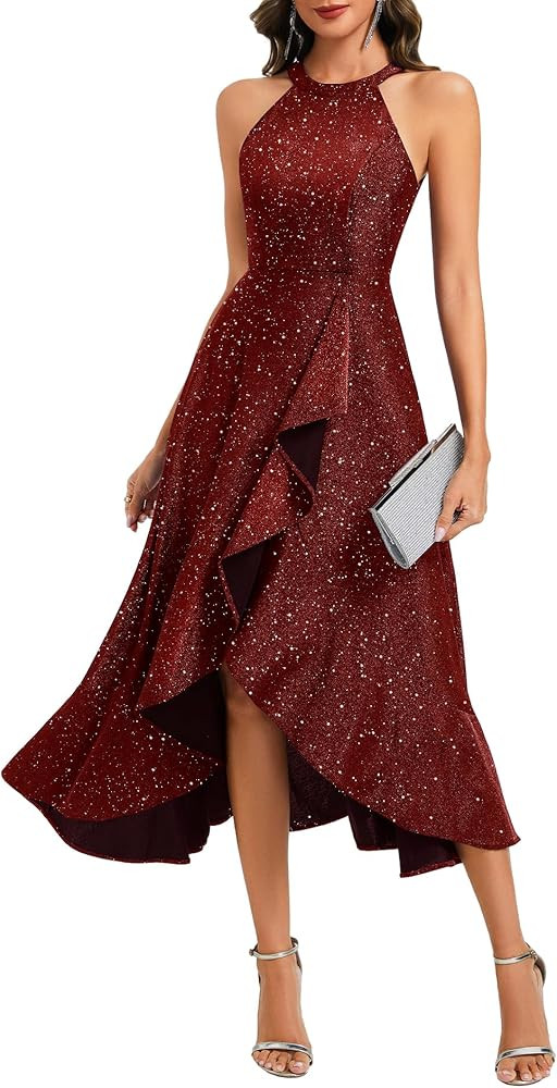 Dressystar Women Halter Sequin Maxi Formal Dress 2026 Sparkly Split Ruffle Sleeveless Wedding Coc... | Amazon (US)