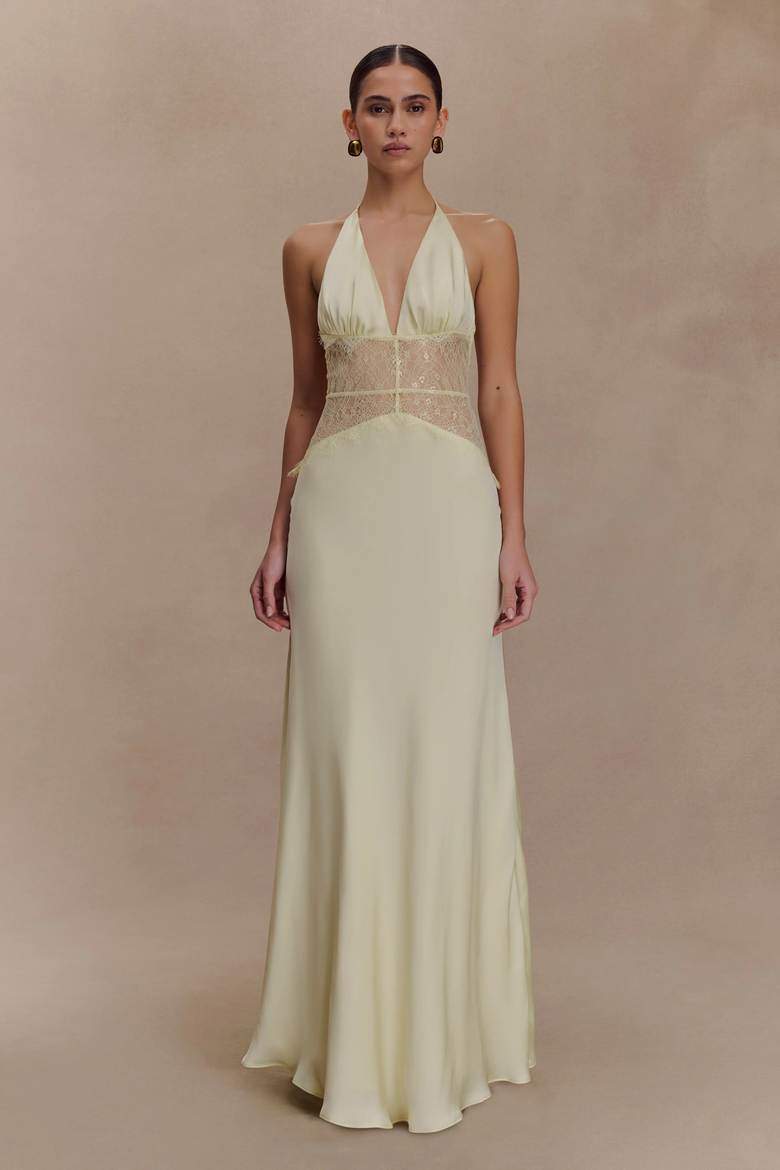Dinah Lace And Satin Maxi Dress - Lemon | Meshki UK
