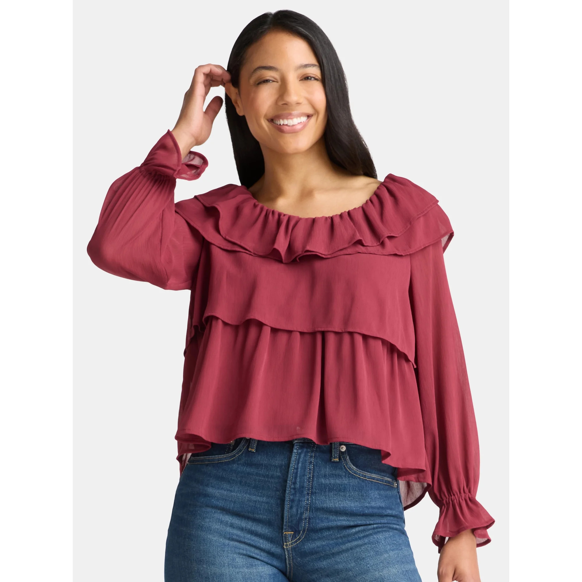 Time and Tru Women's Ruffle Neck Blouse with Long Sleeves, Sizes XS-3XL | Walmart (US)