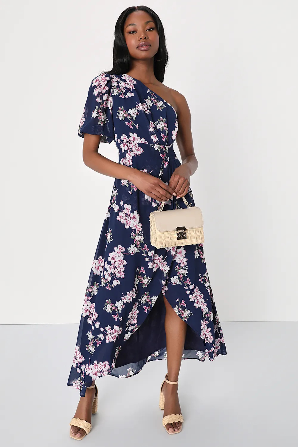 Sensational Perfection Navy Blue Floral One-Shoulder Midi Dress | Lulus (US)