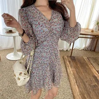 Shirred-Front Floral Print Dress | YesStyle Global