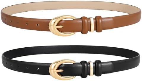 2 Pack Women Leather Belts for Jeans Dress Fashion Ladies Belt with Gold Silver Buckle | Amazon (US)
