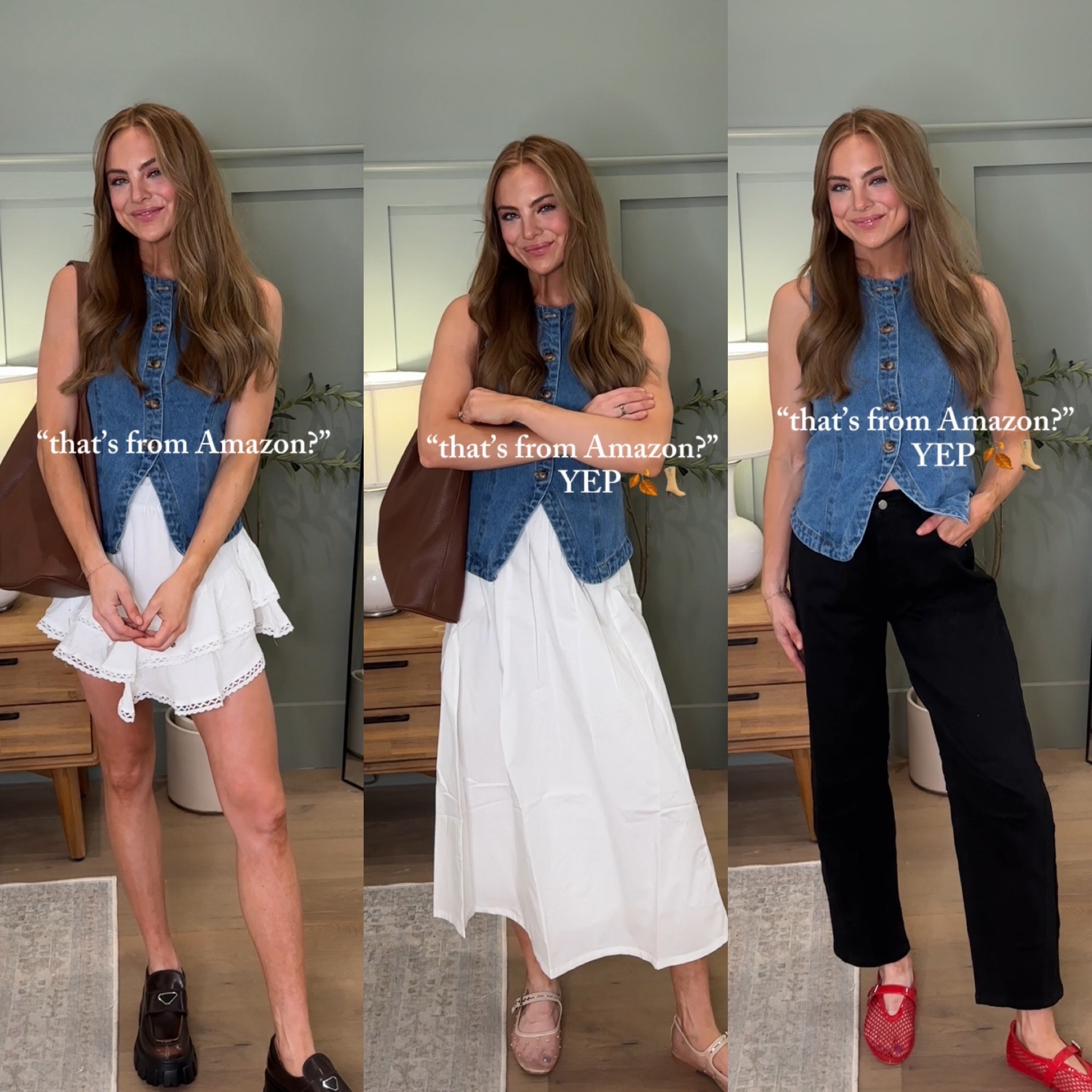 Amazon denim vest affordable fall fashion outfit ideas inspo cute fall outfits style casual chic effortless mom outfit flats denim distressed jeans barrel leg white linen dress ruffle skirt loafers prefall transitional 