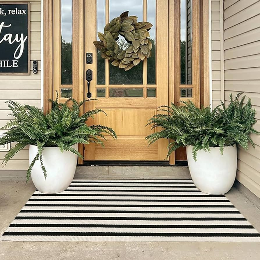Striped Outdoor Rug Doormat 3' x 5', Black/Beige Outdoor Indoor Area Rug Decor, Cotton Hand-Woven... | Amazon (US)