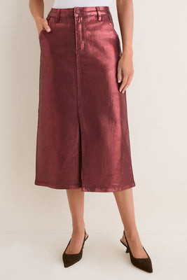 Maroon Shimmer Denim Astor Midi Skirt | Tuckernuck (US)