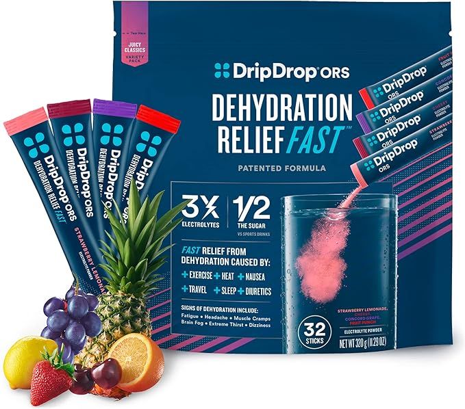 DripDrop ORS Hydration - Electrolyte Powder Packets - Grape, Fruit Punch, Strawberry Lemonade, Ch... | Amazon (US)