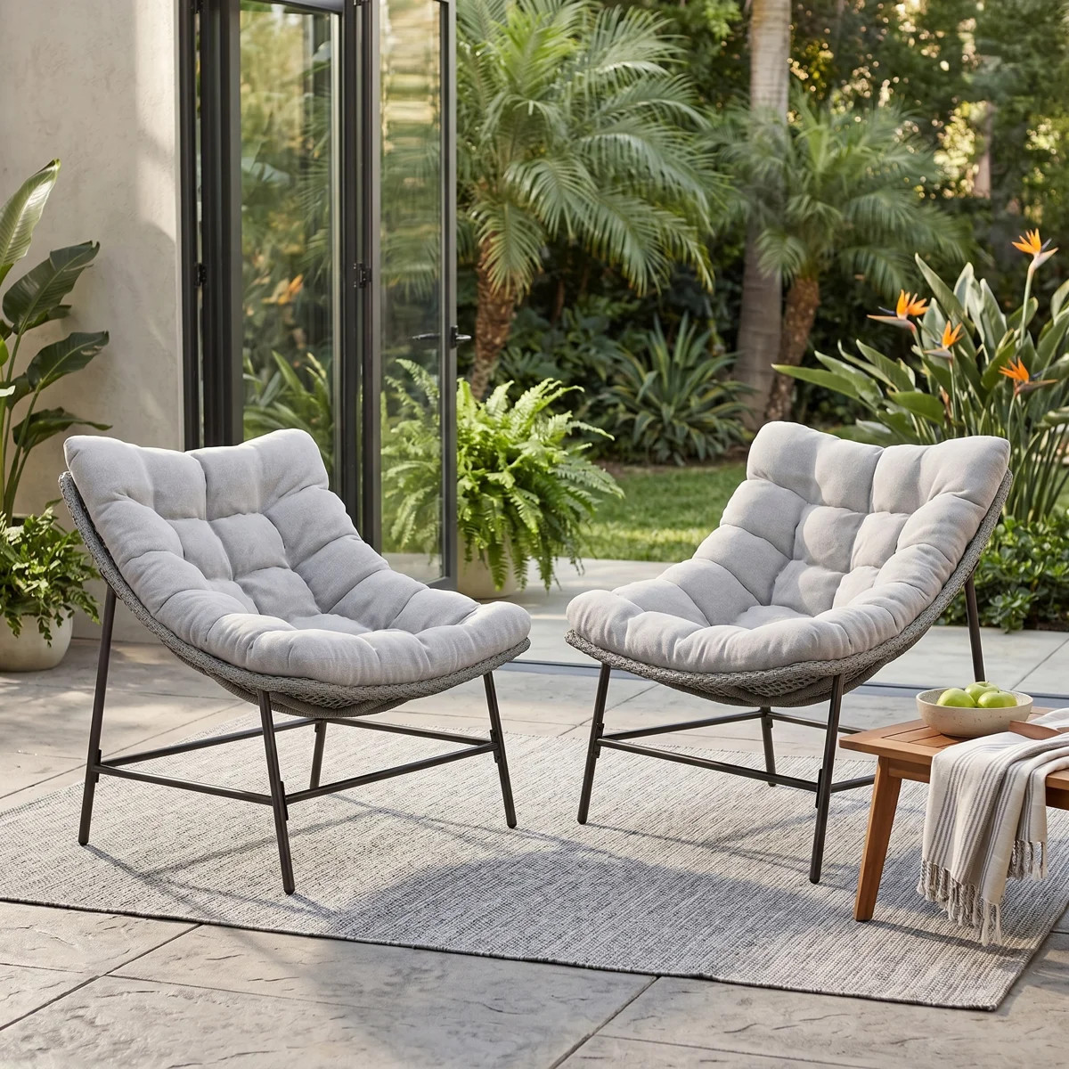 Akosha Patio Lounge Chairs with Water-Resistant Cushions, Steel Frame & PE Rattan (Set of 2) | Wayfair North America