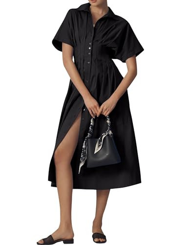 Dsewpaur Striped Button Front Pleated Shirt Maxi Dress for Women Summer Short Sleeve Collar V Neck Corset Long Dress A-Black | Amazon (US)