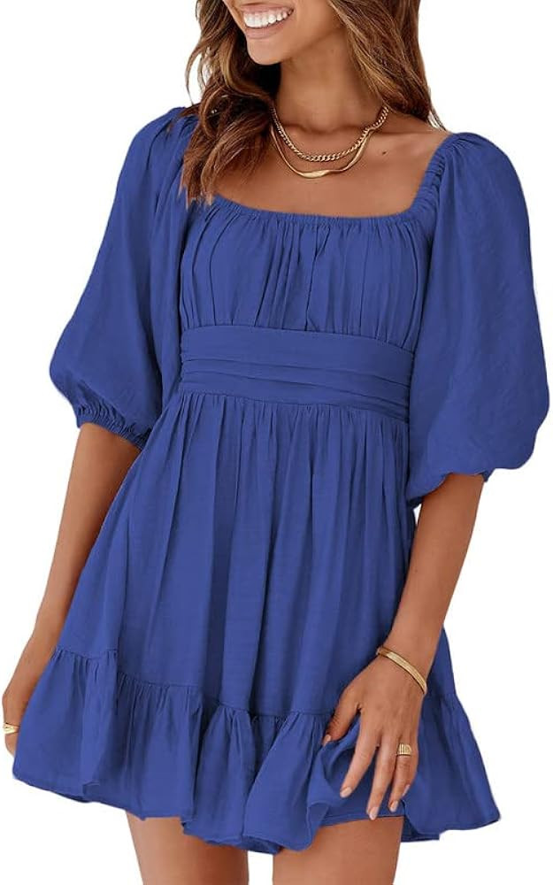 Dokotoo Womens Summer Dresses Square Neck Lantern Sleeve Tie Backless Ruffle A-Line Casual Dress | Amazon (US)