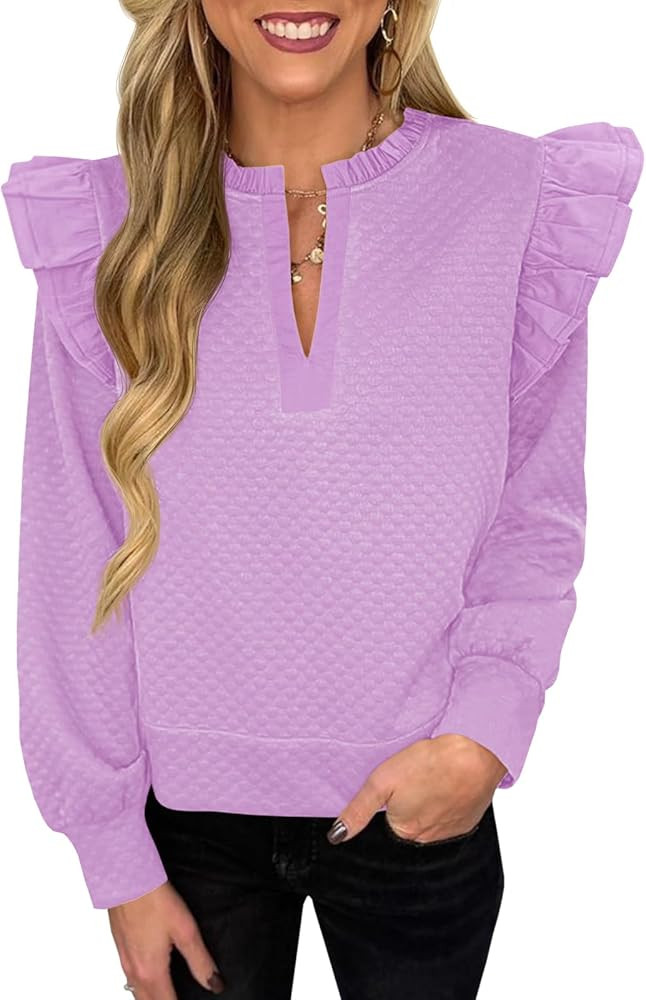 Cicy Bell Womens Ruffle Long Sleeve Sweatshirt Notched V Neck Textured Casual Pullover Tops Fall ... | Amazon (US)