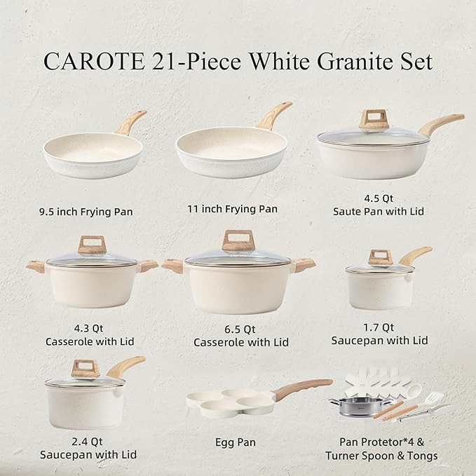 CAROTE 21Pcs Pots and Pan Set, Non Stick Cookware Set, White Granite Induction Cookware Cooking P... | Amazon (CA)