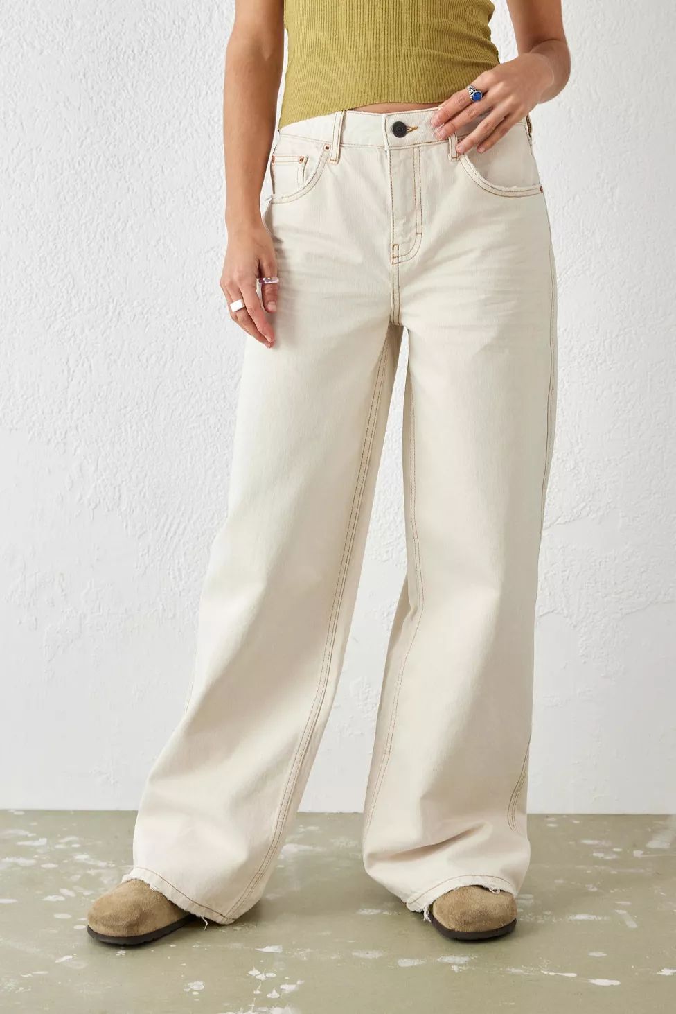 BDG Mid-Rise Ecru Wide-Leg Puddle Jean | Urban Outfitters (US and RoW)
