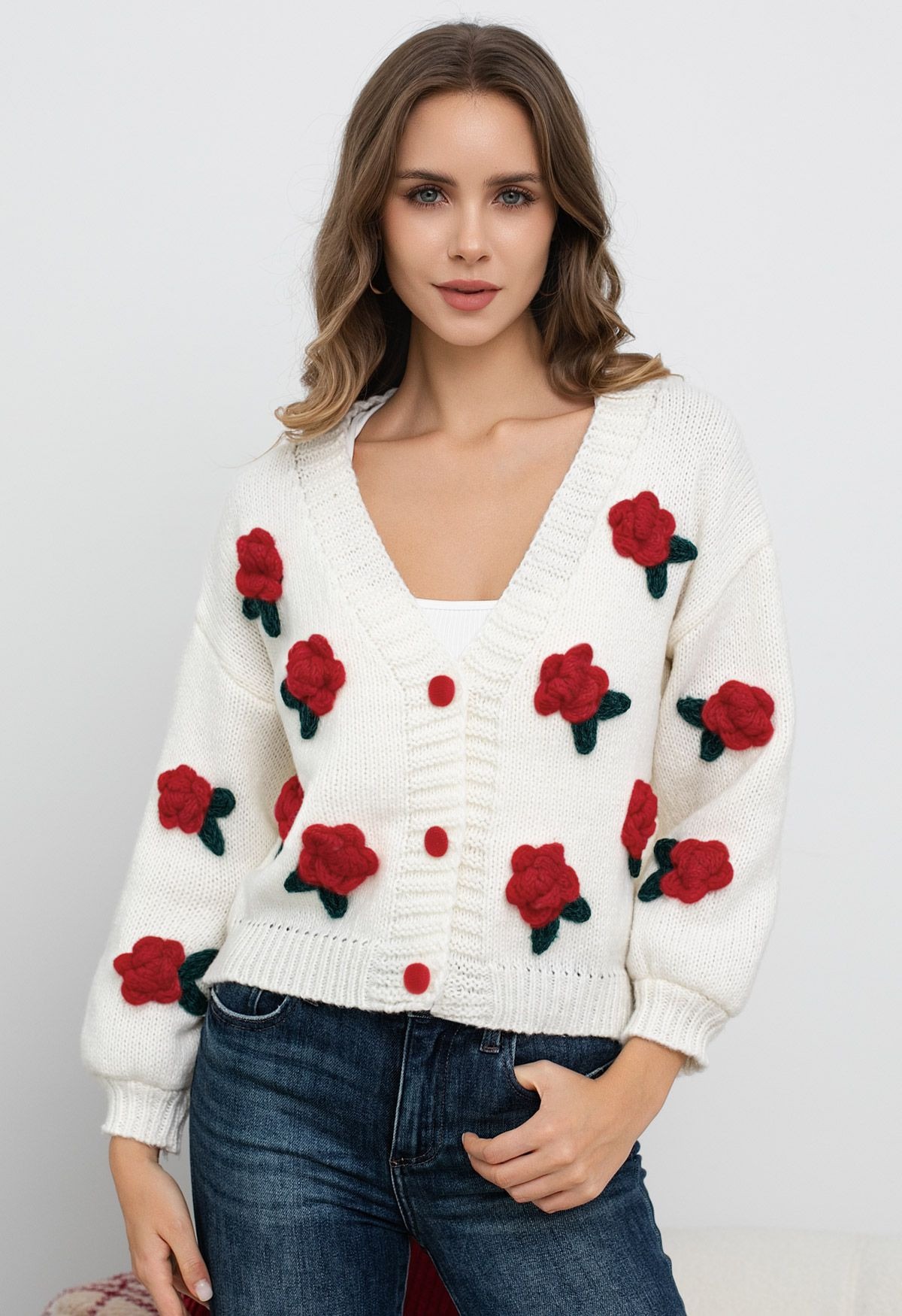 Red Stitch Flower Button Down Knit Cardigan | Chicwish