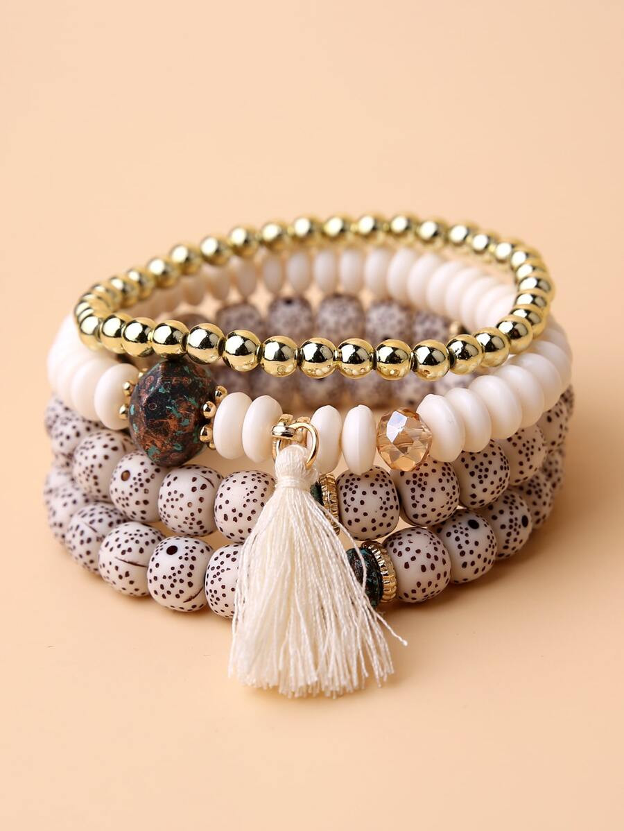 4pcs Tassel Charm Beaded Bracelet | SHEIN