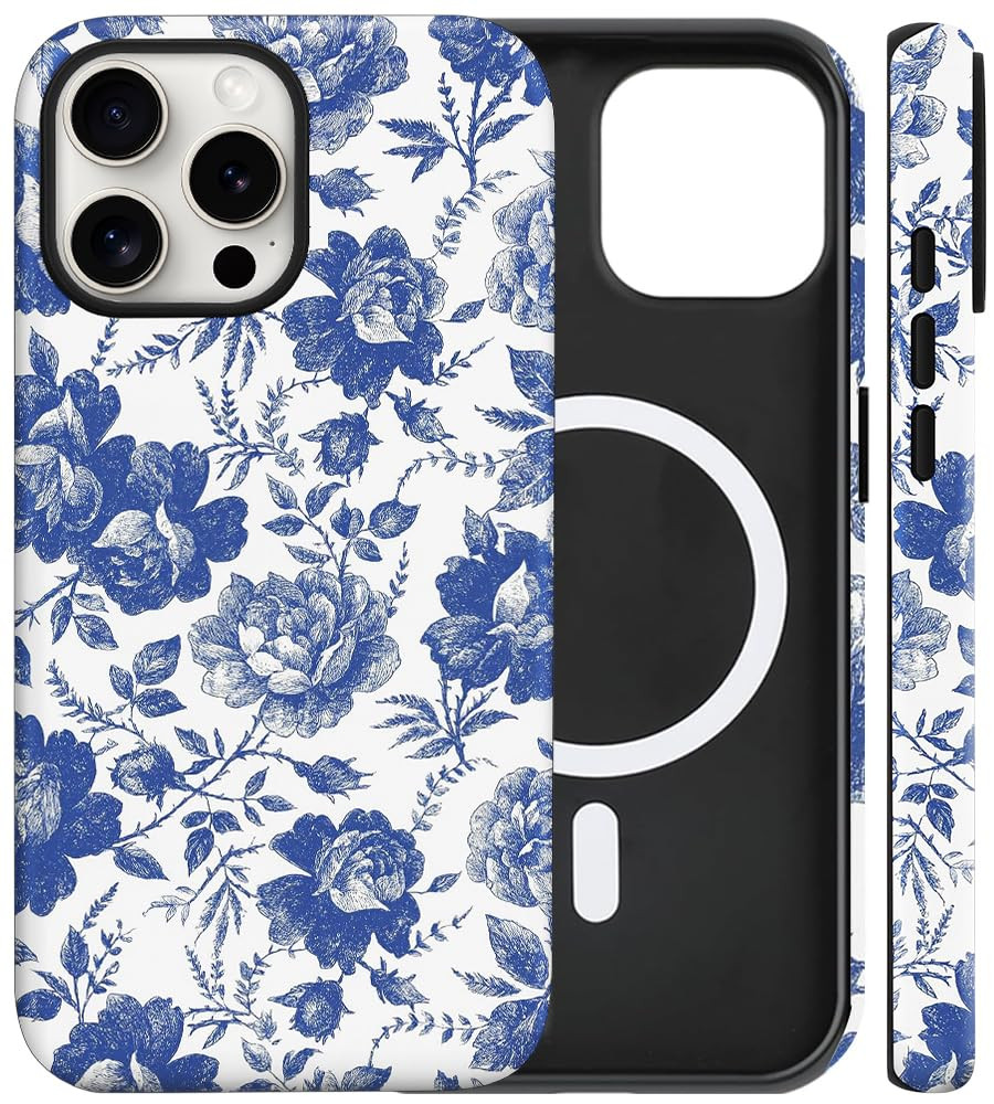 Magnetic for iPhone 16 Pro Max Case Cute Blue Floral Flowers Phone Case, Shockproof Slim TPU and ... | Amazon (US)