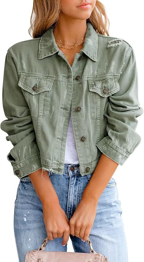 ZOLUCKY Womens Denim Jacket Distressed Frayed Ripped Jean Jacket Casual Button Down Light Jackets | Amazon (US)