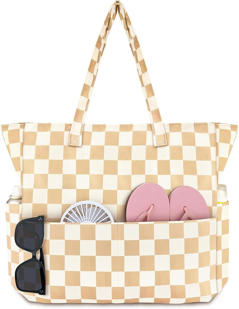 Iioscre Beach Bag for Women, Large Beach Tote Bag with Zipper Pockets, Waterproof Sandproof Swim ... | Amazon (US)